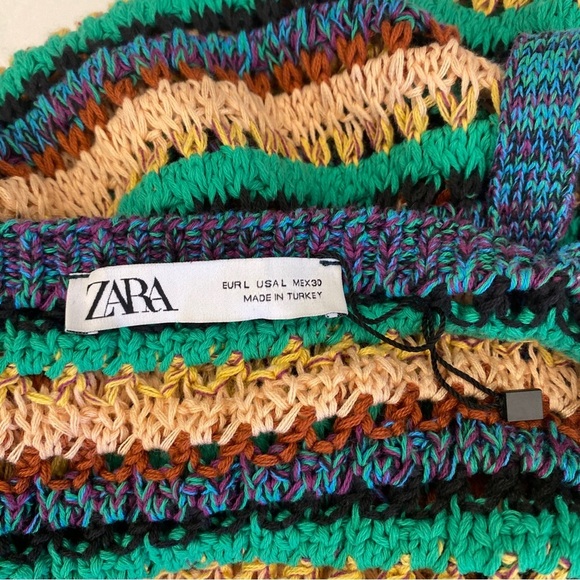 Zara || Striped Crochet Knit V-Neck Bloggers Favorite Dress Cotton Large - Picture 6 of 10